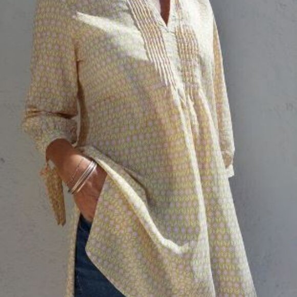 Rock Flower Paper Collared Dress 100% Cotton Womens Large Tan ECO Beach Tunic - Picture 6 of 6